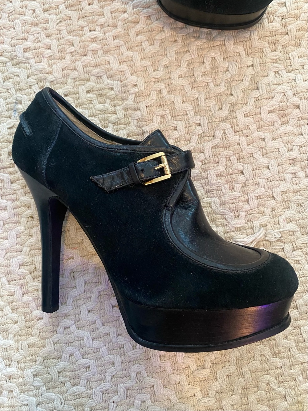 MICHAEL Michael Kors Black Suede Platform Heel with Gold Buckle